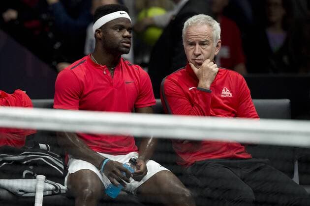 L-R US tennis player FRANCIS TIAFOE (Team World) and his captain John McEnroe are seen during the first match, singles, within the first edition of the Laver Cup tennis tournament in Prague, Czech Republic, on September 22, 2017. (CTKxPhoto MichalxKamaryt) CTKPhotoP201709220616101  kmt 22