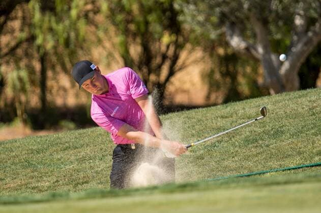 Sam Brazel of Australia plays a bunker shot during day 2 of the European Tour - Portugal Masters 2017 at Dom Pedro Victoria Golf Course, Vilamoura, Portugal on 22 September 2017. Copyright: xMatthewxBuchanx 16770072
