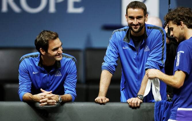 TENNIS - Laver Cup 2017 PRAGUE,CZECH REPUBLIC,22.SEP.17 - TENNIS - Laver Cup, Team Europe vs Team World. Image shows Roger Federer (SUI), Marin Cilic (CRO) and Dominic Thiem (AUT). GEPAxpictures xMatthiasxHauer