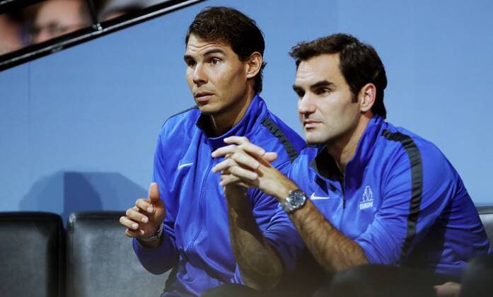 TENNIS - Laver Cup 2017 PRAGUE,CZECH REPUBLIC,22.SEP.17 - TENNIS - Laver Cup, Team Europe vs Team World. Image shows Rafael Nadal (ESP) and Roger Federer (SUI). GEPAxpictures xMatthiasxHauer