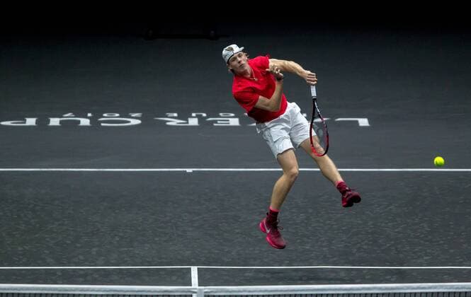 September 22, 2017 - Prague, Czech Republic - Team World player Denis Shapovalov of Canada returns the ball to Team Europe player Alexander Zverev of Germany during the first day at Laver Cup on Sept 22, 2017 in Prague, Czech Republic. Laver Cup - Day One  - ZUMAn230 20170922_zaa_n230_505 Copyright: xRobertxSzaniszlox