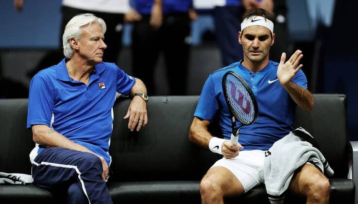 TENNIS - Laver Cup 2017 PRAGUE,CZECH REPUBLIC,23.SEP.17 - TENNIS - Laver Cup, Team Europe vs Team World. Image shows Bjoern Borg (SWE) and Roger Federer (SUI). GEPAxpictures xMatthiasxHauer