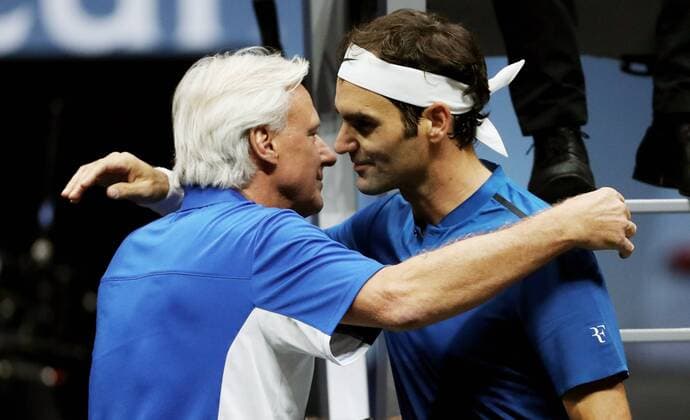 TENNIS - Laver Cup 2017 PRAGUE,CZECH REPUBLIC,23.SEP.17 - TENNIS - Laver Cup, Team Europe vs Team World. Image shows Bjoern Borg (SWE) and Roger Federer (SUI). GEPAxpictures xMatthiasxHauer