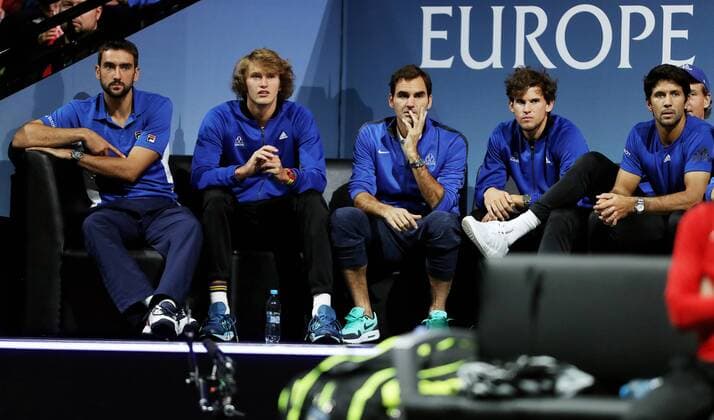 TENNIS - Laver Cup 2017 PRAGUE,CZECH REPUBLIC,23.SEP.17 - TENNIS - Laver Cup, Team Europe vs Team World. Image shows Marin Cilic (CRO), Alexander Zverev (GER), Roger Federer (SUI), Dominic Thiem (AUT) and Fernando Verdasco (ESP). GEPAxpictures xMatthiasxHauer