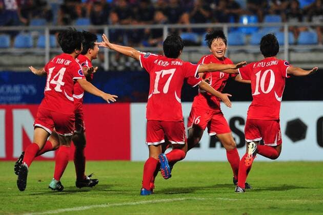 (170923) -- CHONBURI, Sept. 23, 2017 -- Members of the Democratic People s Republic of Korea (DPRK) team celebrate scoring during the AFC U-16 Women s Championship 2017 final match against the Republic of Korea (ROK) at Chonburi Stadium in Chonburi, Thailand, Sept. 23, 2017. DPRK won the champion in the AFC U-16 Women s Championship 2017 after defeating ROK 2-0. ) (ljd) (SP) THAILAND-CHONBURI-SOCCER-AFC U16 WOMEN S CHAMPIONSHIP-FINAL-DPRK VS ROK RachenxSageamsak 