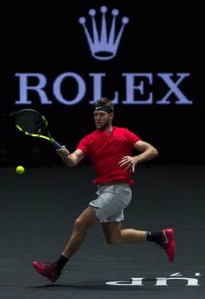 September 23, 2017 - Prague, Czech Republic - Team World player Jack Sock of United States returns the ball to Team Europe player Rafael Nadal of Spain during the first day at Laver Cup on Sept 23, 2017 in Prague, Czech Republic. The Laver Cup consists of six European players competing against their counterparts from the rest of the World. Europe will be captained by Bjorn Borg and John McEnroe will captain the Rest of the World team. The first Laver Cup held in Europe, at the O2 arena Prague from September 22-24, 2017. Laver Cup - Day Two  - ZUMAn230 20170923_zaa_n230_140 Copyright: xRobertxSzaniszlox