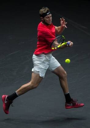 September 23, 2017 - Prague, Czech Republic - Team World player Jack Sock of United States returns the ball to Team Europe player Rafael Nadal of Spain during the first day at Laver Cup on Sept 23, 2017 in Prague, Czech Republic. The Laver Cup consists of six European players competing against their counterparts from the rest of the World. Europe will be captained by Bjorn Borg and John McEnroe will captain the Rest of the World team. The first Laver Cup held in Europe, at the O2 arena Prague from September 22-24, 2017. Laver Cup - Day Two  - ZUMAn230 20170923_zaa_n230_144 Copyright: xRobertxSzaniszlox