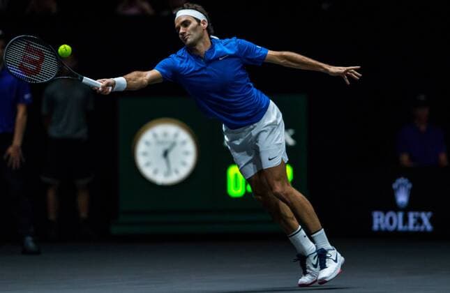 September 23, 2017 - Prague, Czech Republic - Team Europe player Roger Federer of Switzerland returns the ball to Team World player Sam Querrey of United States during the second day at Laver Cup on Sept 23, 2017 in Prague, Czech Republic. The Laver Cup consists of six European players competing against their counterparts from the rest of the World. Europe will be captained by Bjorn Borg and John McEnroe will captain the Rest of the World team. The first Laver Cup held in Europe, at the O2 arena Prague from September 22-24, 2017. Laver Cup - Day Two  - ZUMAn230 20170923_zaa_n230_133 Copyright: xRobertxSzaniszlox