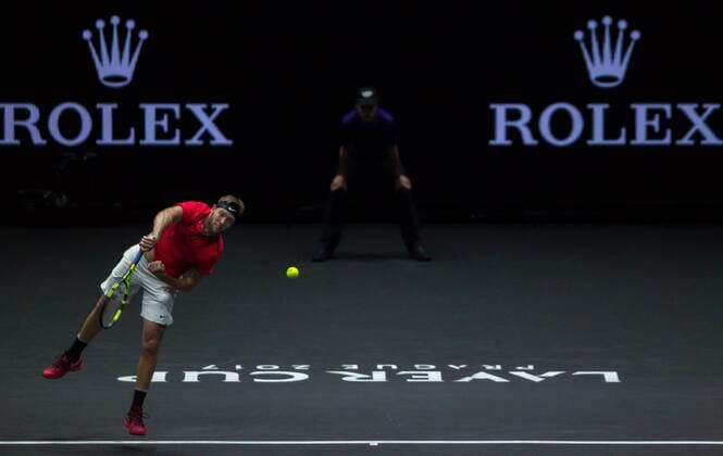 September 23, 2017 - Prague, Czech Republic - Team World player Jack Sock of United States serves against Team Europe player Rafael Nadal of Spain during the first day at Laver Cup on Sept 23, 2017 in Prague, Czech Republic. The Laver Cup consists of six European players competing against their counterparts from the rest of the World. Europe will be captained by Bjorn Borg and John McEnroe will captain the Rest of the World team. The first Laver Cup held in Europe, at the O2 arena Prague from September 22-24, 2017. Laver Cup - Day Two  - ZUMAn230 20170923_zaa_n230_142 Copyright: xRobertxSzaniszlox