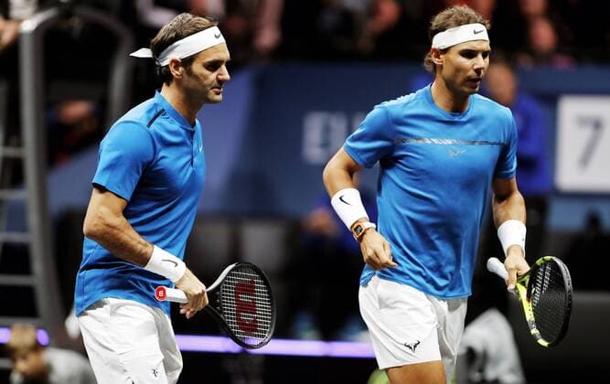 TENNIS - Laver Cup 2017 PRAGUE,CZECH REPUBLIC,23.SEP.17 - TENNIS - Laver Cup, Team Europe vs Team World. Image shows Roger Federer (SUI) and Rafael Nadal (ESP). GEPAxpictures xMatthiasxHauer