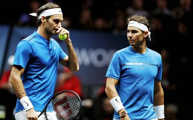 TENNIS - Laver Cup 2017 PRAGUE,CZECH REPUBLIC,23.SEP.17 - TENNIS - Laver Cup, Team Europe vs Team World. Image shows Roger Federer (SUI) and Rafael Nadal (ESP). GEPAxpictures xMatthiasxHauer