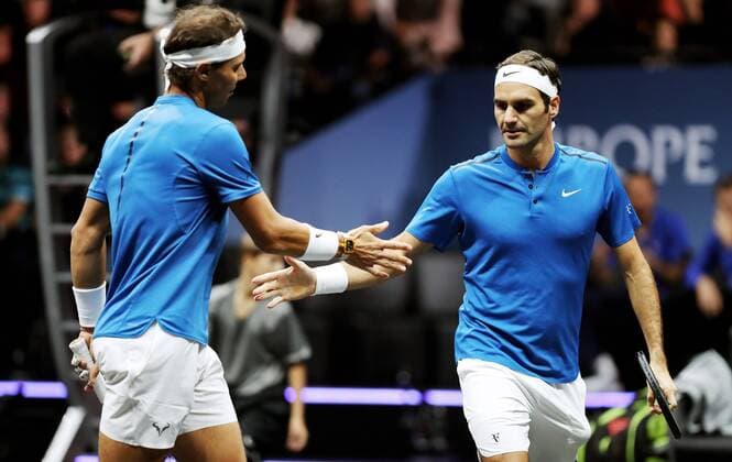 TENNIS - Laver Cup 2017 PRAGUE,CZECH REPUBLIC,23.SEP.17 - TENNIS - Laver Cup, Team Europe vs Team World. Image shows Rafael Nadal (ESP) and Roger Federer (SUI). GEPAxpictures xMatthiasxHauer