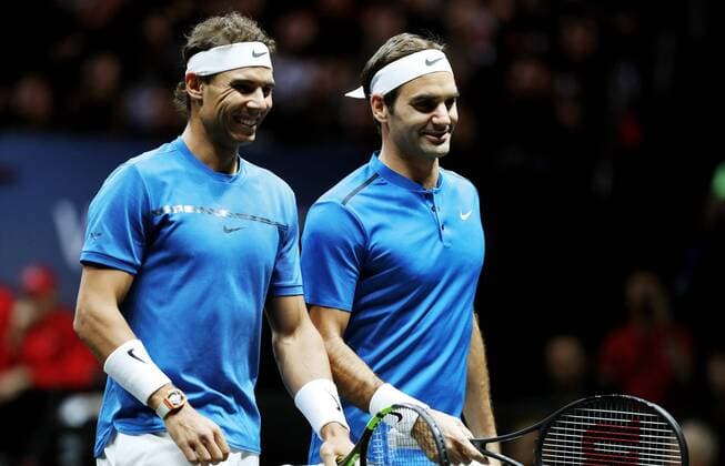 TENNIS - Laver Cup 2017 PRAGUE,CZECH REPUBLIC,23.SEP.17 - TENNIS - Laver Cup, Team Europe vs Team World. Image shows Rafael Nadal (ESP) and Roger Federer (SUI). GEPAxpictures xMatthiasxHauer