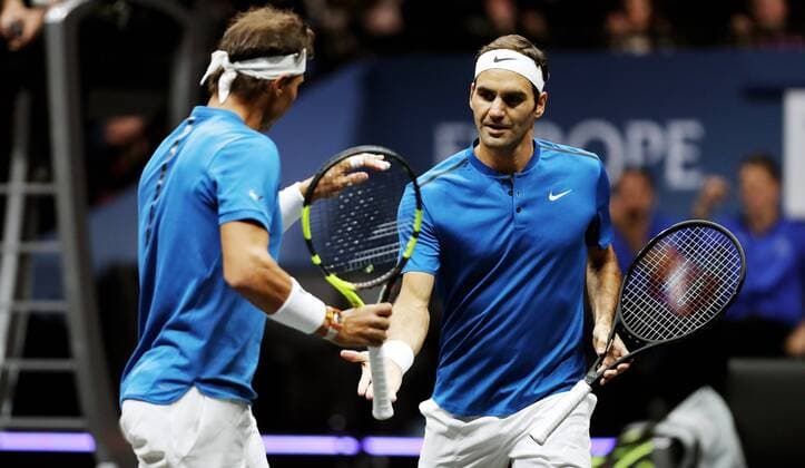 TENNIS - Laver Cup 2017 PRAGUE,CZECH REPUBLIC,23.SEP.17 - TENNIS - Laver Cup, Team Europe vs Team World. Image shows Rafael Nadal (ESP) and Roger Federer (SUI). GEPAxpictures xMatthiasxHauer