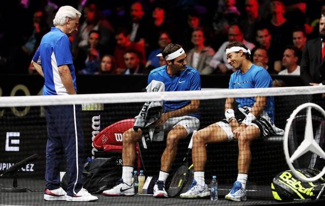 TENNIS - Laver Cup 2017 PRAGUE,CZECH REPUBLIC,23.SEP.17 - TENNIS - Laver Cup, Team Europe vs Team World. Image shows Bjoern Borg (SWE), Roger Federer (SUI) and Rafael Nadal (ESP). GEPAxpictures xMatthiasxHauer