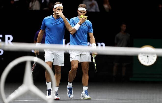 TENNIS - Laver Cup 2017 PRAGUE,CZECH REPUBLIC,23.SEP.17 - TENNIS - Laver Cup, Team Europe vs Team World. Image shows Roger Federer (SUI) and Rafael Nadal (ESP). GEPAxpictures xMatthiasxHauer