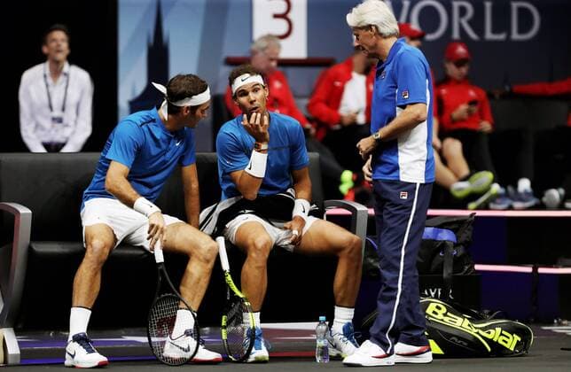 TENNIS - Laver Cup 2017 PRAGUE,CZECH REPUBLIC,23.SEP.17 - TENNIS - Laver Cup, Team Europe vs Team World. Image shows Roger Federer (SUI), Rafael Nadal (ESP) and Bjoern Borg (SWE). GEPAxpictures xMatthiasxHauer