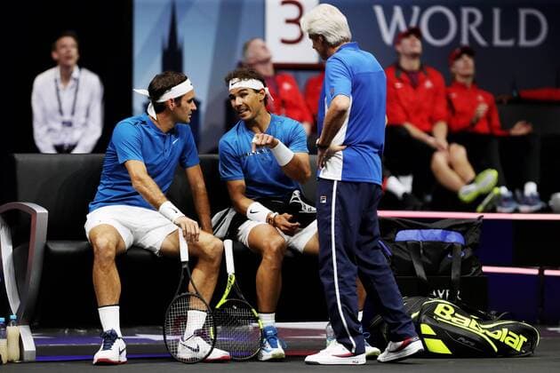 TENNIS - Laver Cup 2017 PRAGUE,CZECH REPUBLIC,23.SEP.17 - TENNIS - Laver Cup, Team Europe vs Team World. Image shows Roger Federer (SUI), Rafael Nadal (ESP) and Bjoern Borg (SWE). GEPAxpictures xMatthiasxHauer