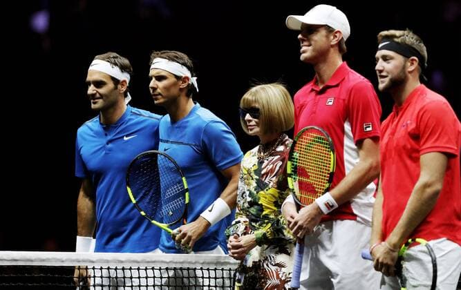 TENNIS - Laver Cup 2017 PRAGUE,CZECH REPUBLIC,23.SEP.17 - TENNIS - Laver Cup, Team Europe vs Team World. Image shows Roger Federer (SUI), Rafael Nadal (ESP), Anna Wintour, Sam Querrey and Jack Sock (USA). GEPAxpictures xMatthiasxHauer