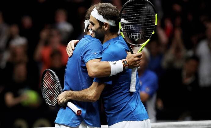 TENNIS - Laver Cup 2017 PRAGUE,CZECH REPUBLIC,23.SEP.17 - TENNIS - Laver Cup, Team Europe vs Team World. Image shows Roger Federer (SUI) and Rafael Nadal (ESP). GEPAxpictures xMatthiasxHauer