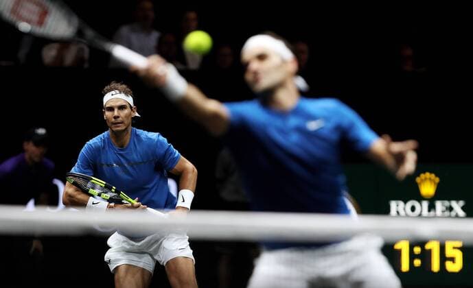 TENNIS - Laver Cup 2017 PRAGUE,CZECH REPUBLIC,23.SEP.17 - TENNIS - Laver Cup, Team Europe vs Team World. Image shows Rafael Nadal (ESP) and Roger Federer (SUI). GEPAxpictures xMatthiasxHauer