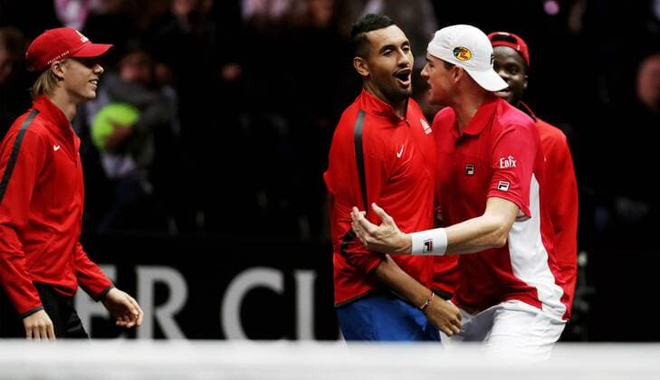 TENNIS - Laver Cup 2017 PRAGUE,CZECH REPUBLIC,24.SEP.17 - TENNIS - Laver Cup, Team Europe vs Team World. Image shows Denis Shapovalov (CAN), Nick Kyrgios (AUS) and John Isner (USA). GEPAxpictures xMatthiasxHauer