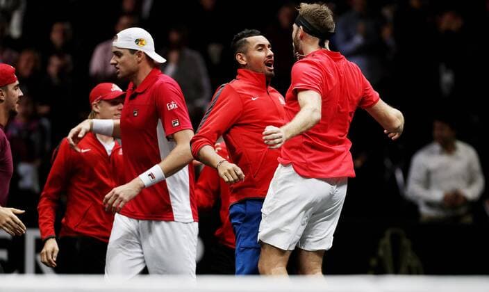 TENNIS - Laver Cup 2017 PRAGUE,CZECH REPUBLIC,24.SEP.17 - TENNIS - Laver Cup, Team Europe vs Team World. Image shows Thanasi Kokkinakis (AUS), Denis Shapovalov (CAN), John Isner (USA), Nick Kyrgios (AUS) and Jack Sock (USA). GEPAxpictures xMatthiasxHauer