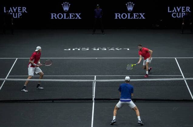 September 24, 2017 - Prague, Czech Republic - John Isner and Jack Sock of Team World in action during there mens doubles match between Tomas Berdych and Marin Cilic of Team Europe on the final day of the Laver cup on September 24, 2017 in Prague, Czech Republic. The Laver Cup consists of six European players competing against their counterparts from the rest of the World. Europe will be captained by Bjorn Borg and John McEnroe will captain the Rest of the World team. The event runs from 22-24 September. Laver Cup - Day Three  - ZUMAn230 20170924_zaa_n230_048 Copyright: xRobertxSzaniszlox