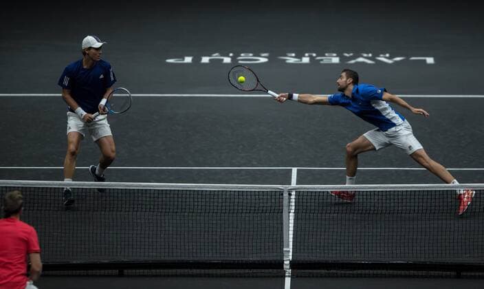 September 24, 2017 - Prague, Czech Republic - Tomas Berdych and Marin Cilic of Team Europe during there mens doubles match between John Isner and Jack Sock of Team World on the final day of the Laver cup on September 24, 2017 in Prague, Czech Republic. The Laver Cup consists of six European players competing against their counterparts from the rest of the World. Europe will be captained by Bjorn Borg and John McEnroe will captain the Rest of the World team. The event runs from 22-24 September. Laver Cup - Day Three  - ZUMAn230 20170924_zaa_n230_049 Copyright: xRobertxSzaniszlox