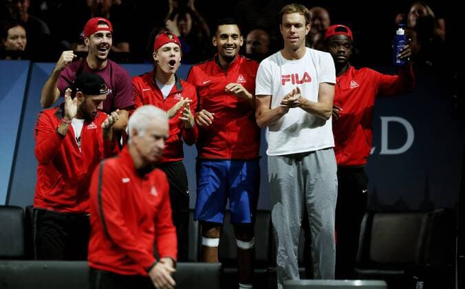 TENNIS - Laver Cup 2017 PRAGUE,CZECH REPUBLIC,24.SEP.17 - TENNIS - Laver Cup, Team Europe vs Team World. Image shows Thanasi Kokkinakis (AUS), Denis Shapovalov (CAN), Nick Kyrgios (AUS), Sam Querrey and Frances Tiafoe (USA). GEPAxpictures xMatthiasxHauer
