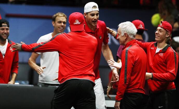 TENNIS - Laver Cup 2017 PRAGUE,CZECH REPUBLIC,24.SEP.17 - TENNIS - Laver Cup, Team Europe vs Team World. Image shows John Isner, John McEnroe (USA) and Denis Shapovalov (CAN). GEPAxpictures xMatthiasxHauer