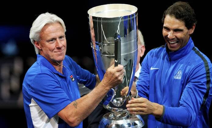 TENNIS - Laver Cup 2017 PRAGUE,CZECH REPUBLIC,24.SEP.17 - TENNIS - Laver Cup, Team Europe vs Team World. Image shows Bjoern Borg (SWE) and Rafael Nadal (ESP). Keywords: trophy. GEPAxpictures xMatthiasxHauer