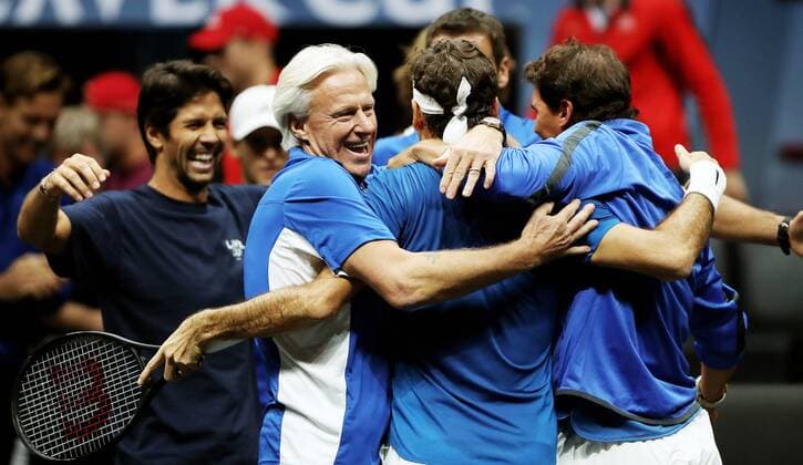TENNIS - Laver Cup 2017 PRAGUE,CZECH REPUBLIC,24.SEP.17 - TENNIS - Laver Cup, Team Europe vs Team World. Image shows Fernando Verdasco (ESP), Bjoern Borg (SWE), Roger Federer (SUI) and Rafael Nadal (ESP). GEPAxpictures xMatthiasxHauer