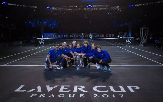 September 24, 2017 - Prague, Czech Republic - (L-R) Marin Cilic, Bjorn Borg,Rafael Nadal, Alexander Zverev, Dominic Thiem, Roger Federer and Tomas Berdych of Team Europe lift the Laver Cup trophy on the final day of the Laver cup on September 24, 2017 in Prague, Czech Republic. The Laver Cup consists of six European players competing against their counterparts from the rest of the World. Europe will be captained by Bjorn Borg and John McEnroe will captain the Rest of the World team. The event runs from 22-24 September. Laver Cup - Day Three  - ZUMAn230 20170924_zaa_n230_308 Copyright: xRobertxSzaniszlox