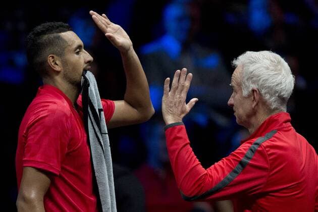 R-L US captain JOHN MCENROE and Australian tennis player NICK KYRGIOS (both Team World) are seen during the 7th match, singles, within the first edition of the Laver Cup tennis tournament in Prague, Czech Republic, on September 23, 2017. (CTKxPhoto MichalxKamaryt) CTKPhotoP201709230623701  kmt 51