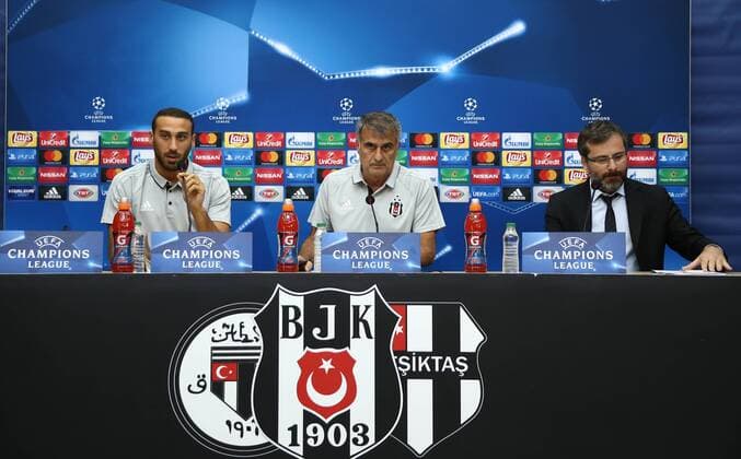 Besiktas s Football Team Coach Senol Gunes and Player Cenk Tosun gives a press conference PK Pressekonferenz on the eve of the team s a day before their UEFA Champions League Group G match against RB Leipzig on September 25, 2017 in Istanbul , Turkey. 