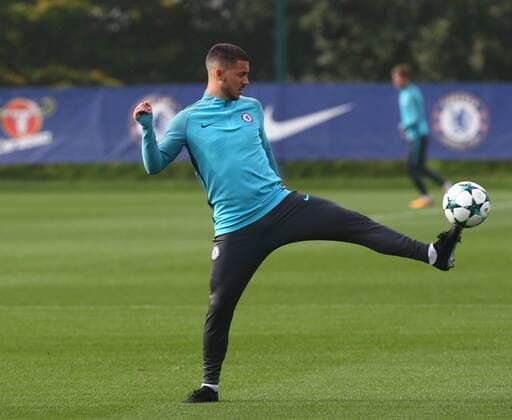 September 26, 2017 - London, United Kingdom - Chelsea s Eden Hazard.during Chelsea Training session priory to they game against Atletico Madrid at Chelsea Training Ground on in Cobham, 26 Sept 2017 Chelsea Training Session  - ZUMAn230 20170926_zaa_n230_014 Copyright: xKieranxGalvinx