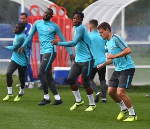 September 26, 2017 - London, United Kingdom - L-R Chelsea s Antonio Rudiger, Chelsea s Michy Batshuayi and Chelsea s Cesar Azpilicueta.during Chelsea Training session priory to they game against Atletico Madrid at Chelsea Training Ground on in Cobham, 26 Sept 2017 Chelsea Training Session  - ZUMAn230 20170926_zaa_n230_018 Copyright: xKieranxGalvinx