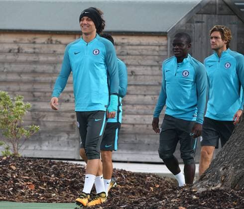 September 26, 2017 - London, United Kingdom - L-R Chelsea s David Luiz and Chelsea s N Golo Kante.during Chelsea Training session priory to they game against Atletico Madrid at Chelsea Training Ground on in Cobham, 26 Sept 2017 Chelsea Training Session  - ZUMAn230 20170926_zaa_n230_025 Copyright: xKieranxGalvinx