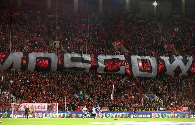 MOSCOW, RUSSIA - SEPTEMBER 26, 2017: Spartak Moscow s fans seen ahead of the 2017 18 UEFA Champions League Group E Round 2 football match against Liverpool FC at Otkrytie Arena Stadium. Stanislav Krasilnikov TASS  TS061FA9
