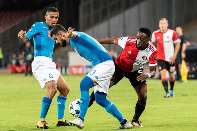 (L-R) Allan Marques Loureiro of SSC Napoli, Elseid Hysaj of SSC Napoli, Ridgeciano Haps of Feyenoord during the UEFA Champions League group F match between SSC Napoli and Feyenoord Rotterdam on September 26, 2017 at the Stadio San Paolo in Naples, Italy UEFA Champions League 2017 2018 xVIxVIxImagesx xGerritxvanxKeulenxIVx 8862730
