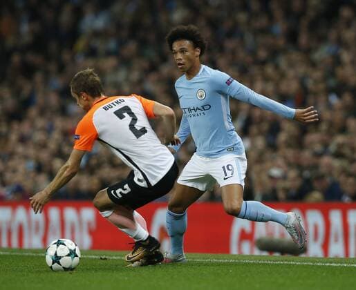 Leroy Sane of Manchester City tussles with Bohdan Butko of Shaktar Donetsk during the Champions League Group F match at the Emirates Stadium, Manchester. Picture date: September 26th 2017. Picture credit should read: Andrew Yates Sportimage EDITORIAL USE ONLY. No use with unauthorised audio, video, data, fixture lists, club league logos or live services. Online in-match use limited to 120 images, no video emulation. No use in betting, games or single club league player publications.
