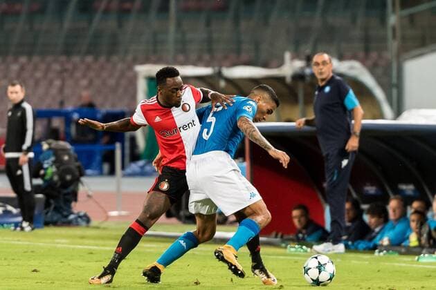 (L-R) Ridgeciano Haps of Feyenoord, Allan Marques Loureiro of SSC Napoli during the UEFA Champions League group F match between SSC Napoli and Feyenoord Rotterdam on September 26, 2017 at the Stadio San Paolo in Naples, Italy UEFA Champions League 2017 2018 xVIxVIxImagesx xGerritxvanxKeulenxIVx 8862990