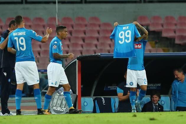 Esultanza dopo il gol di Lorenzo Insigne Napoli goal celebration in onore di Arkadiusz Milik Napoli Napoli 26-09-2017 Stadio San Paolo Football Calcio UEFA Champions League 2017 2018 Napoli - Feyenoord Group F Foto Cesare Purini Insidefoto cesarexpurini