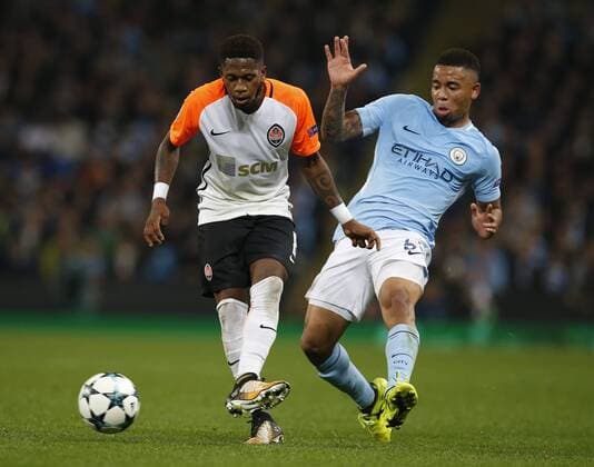 Fred of Shaktar Donetsk and Gabriel Jesus of Manchester City during the Champions League Group F match at the Emirates Stadium, Manchester. Picture date: September 26th 2017. Picture credit should read: Andrew Yates Sportimage EDITORIAL USE ONLY. No use with unauthorised audio, video, data, fixture lists, club league logos or live services. Online in-match use limited to 120 images, no video emulation. No use in betting, games or single club league player publications.