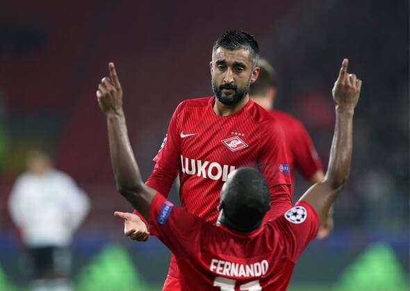MOSCOW, RUSSIA - SEPTEMBER 26, 2017: Spartak Moscow s Alexander Samedov (back) and Fernando celebrate scoring in their 2017 18 UEFA Champions League Group E Round 2 football match against Liverpool at Otkrytie Arena Stadium. Artyom Korotayev TASS  TS061FDB