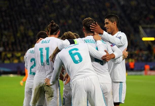 Die Spieler von Real Madrid jubeln nach dem Tor zum 0:1 durch Gareth Bale (Madrid) beim Spiel Borussia Dortmund vs. Real Madrid, Fussball, Champions League, 26.09.2017 Dortmund Copyright: xMarioxHommesx Eibner-Pressefotox EP_mhs