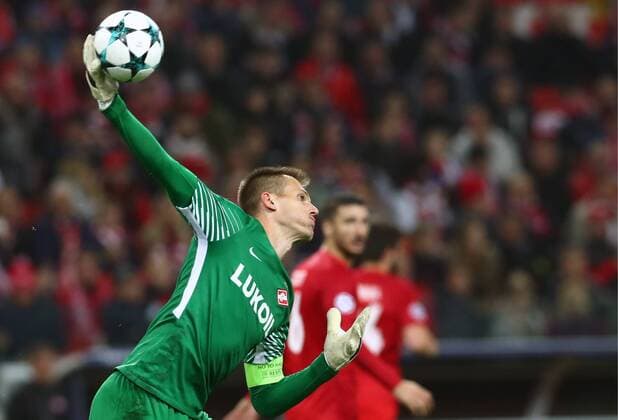 MOSCOW, RUSSIA - SEPTEMBER 26, 2017: Spartak Moscow s goalkeeper Artyom Rebrov in action in the 2017 18 UEFA Champions League Group E Round 2 football match against Liverpool at Otkrytie Arena Stadium. Stanislav Krasilnikov TASS  TS061FE1