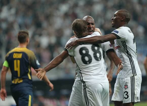 Besiktas players celebrates for Ryan Babel s goal during the UEFA Champions League Group G match between Besiktas and RB Leipzig at Vodafone Park in Istanbul , Turkey on September 26 , 2017 . 