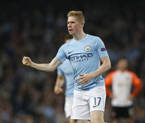 Kevin De Bruyne of Manchester City celebrates scoring the first goal during the Champions League Group F match at the Emirates Stadium, Manchester. Picture date: September 26th 2017. Picture credit should read: Andrew Yates Sportimage EDITORIAL USE ONLY. No use with unauthorised audio, video, data, fixture lists, club league logos or live services. Online in-match use limited to 120 images, no video emulation. No use in betting, games or single club league player publications.
